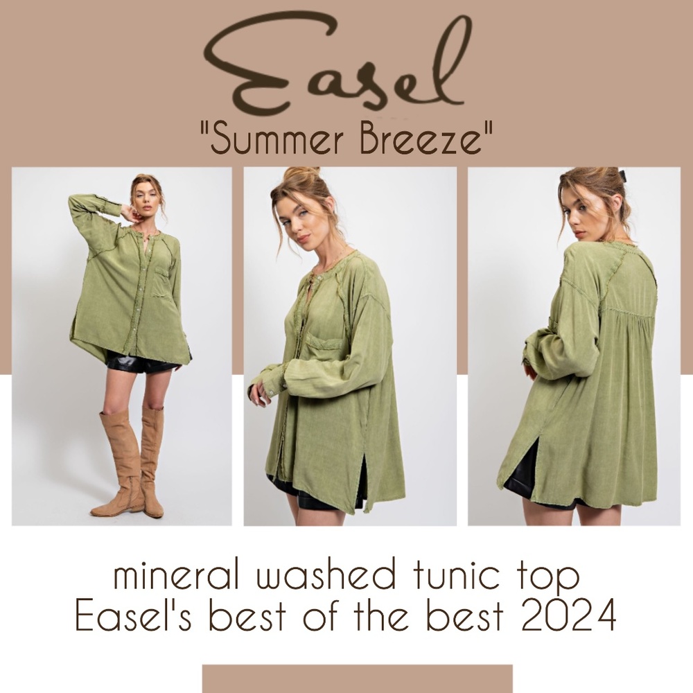 EASEL "Summer Breeze" Mineral Washed Frayed Seams Button Up Tunic Top Side Slits